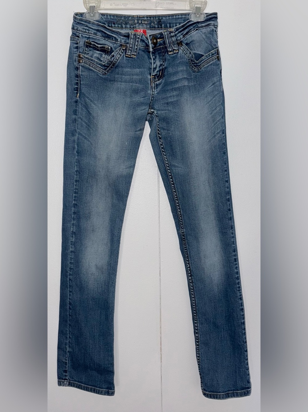 Y2K Request Jeans Size 28 Bootcut Blue Denim Embroidered Pocket Low Rise